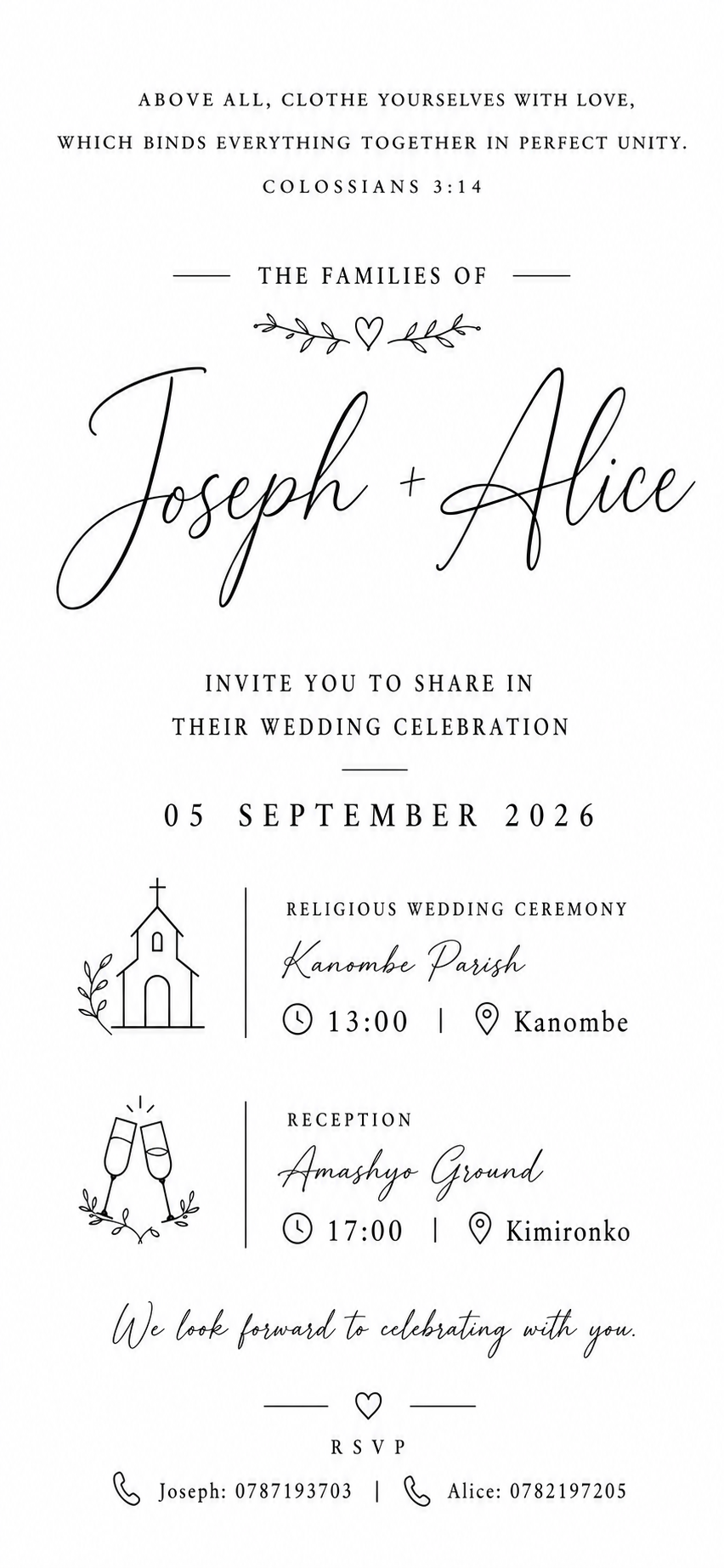 Wedding invitation for Joseph and Alice, families invite you to share in their wedding celebration on 05 September 2026